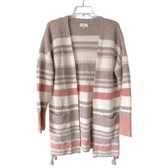 Lucky Brand Striped Open Front Cardigan Sweater Pastel Taupe Pink Wool Linen Med - Picture 5 of 16
